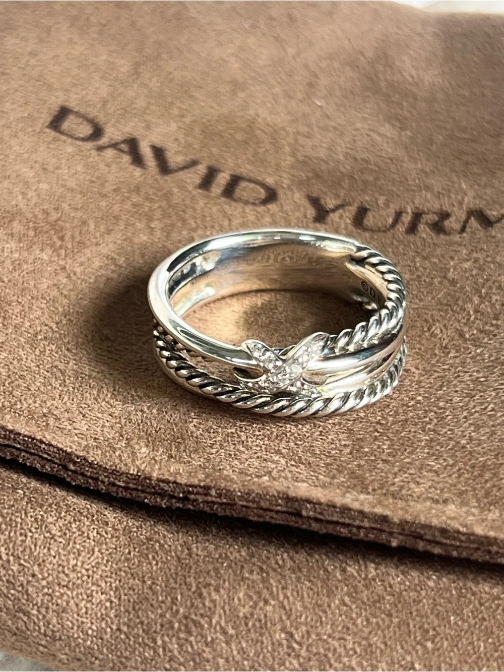 David Yurman Pavé Diamond Accent X Crossover Silver Knot Band Ring 7